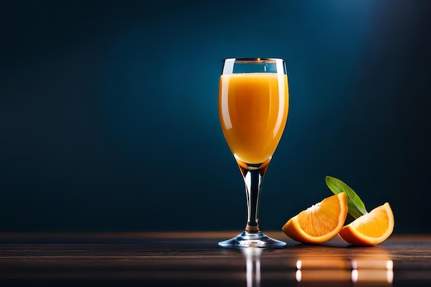 Szklanka soku pomarańczowego obok plasterka pomarańczy.