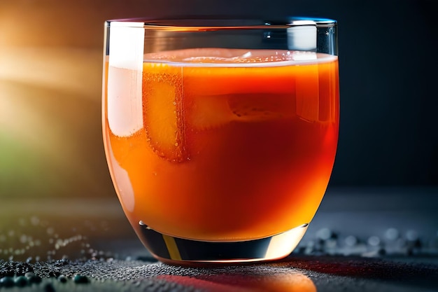 Zdjęcie szklanka soku pomarańczowego z odbiciem słońca w nim.