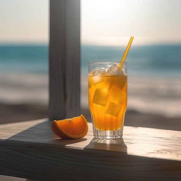 Szklanka soku pomarańczowego z plasterkiem pomarańczy obok.