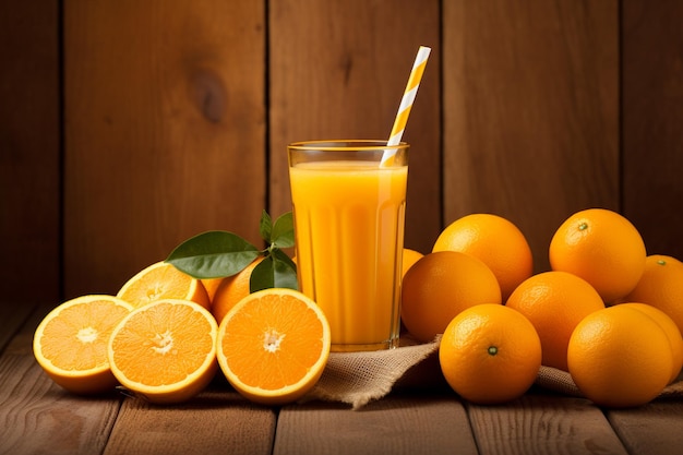 Szklanka soku pomarańczowego z słomką obok pociętych pomarańczy
