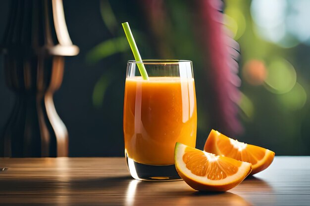 Szklanka soku pomarańczowego z zieloną słomką obok.