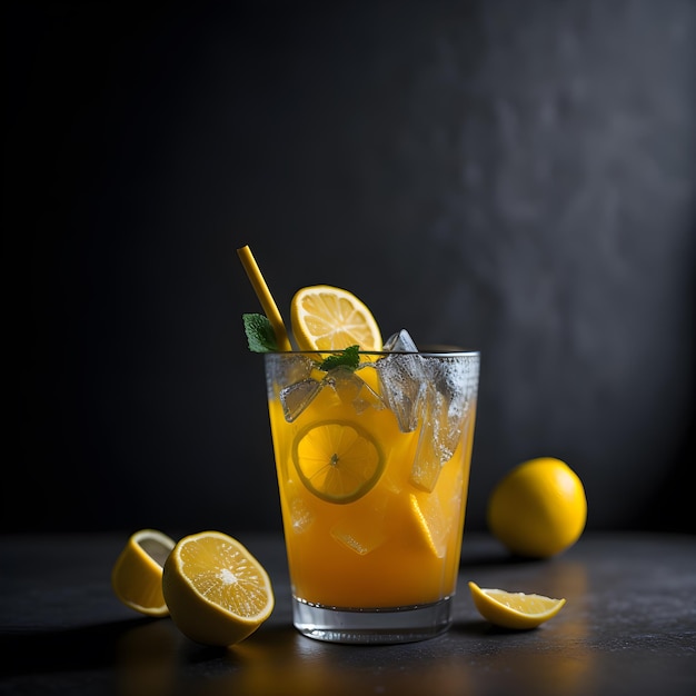 Szklanka soku pomarańczowego ze słomką i cytrynami na boku.
