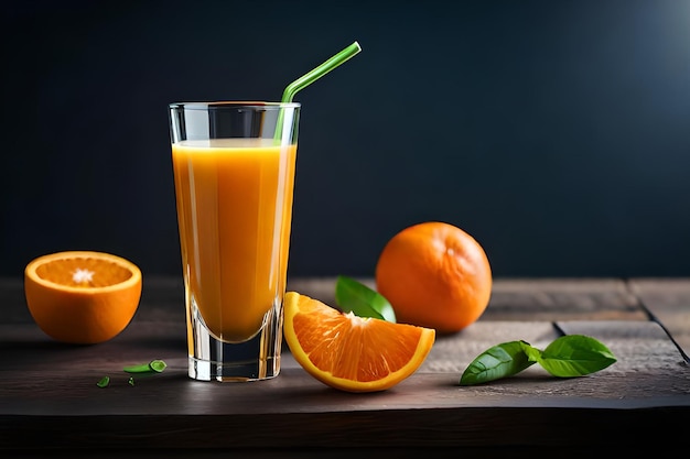 Szklanka soku pomarańczowego ze słomką obok.