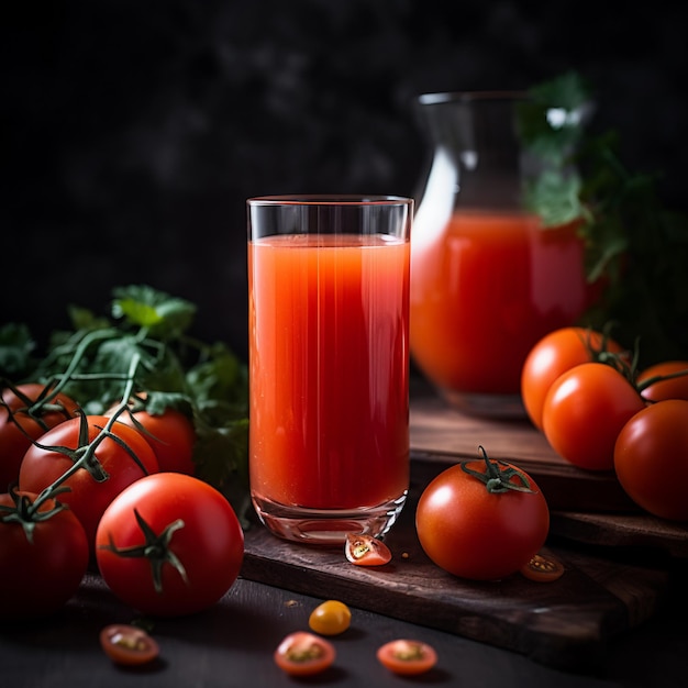 Szklanka soku pomidorowego obok dzbanka pomidorów.