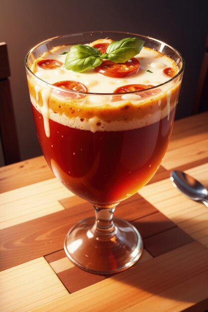 Szklanka soku pomidorowego z liśćmi bazylii na wierzchu.