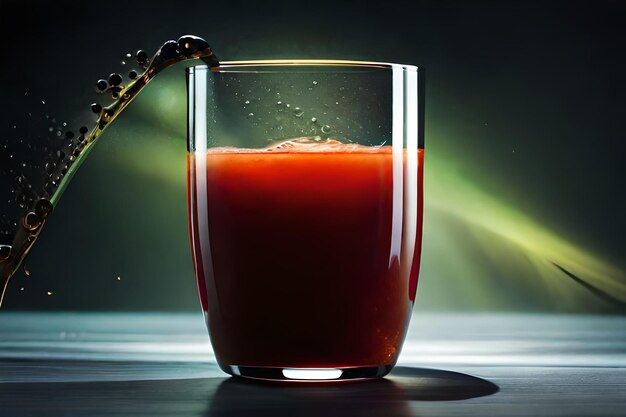 Zdjęcie szklanka soku pomidorowego z odrobiną płynu wlewana do niej.