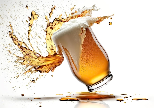 Szklanka spienionego piwa z odpryskami Pełny kubek jasnego złotego piwa z odrobiną