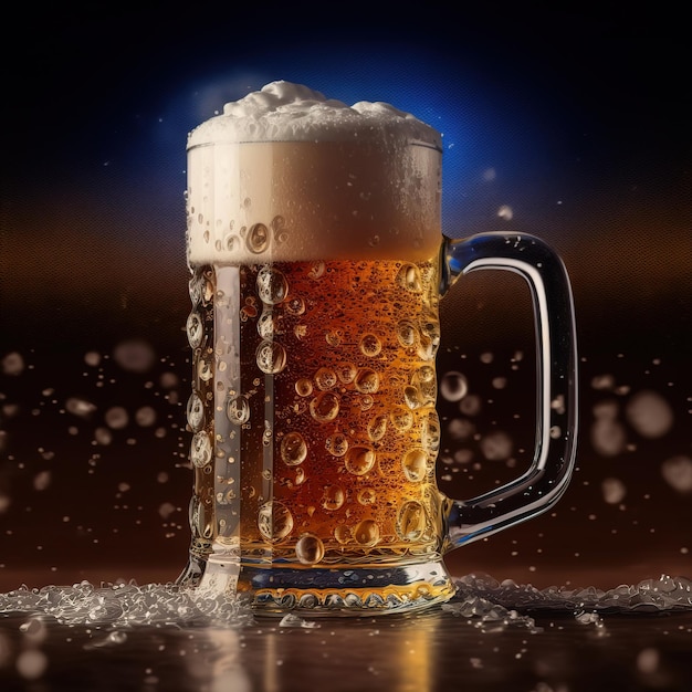 Szklanka świeżego i zimnego piwa na ciemnym tle generatywnego ai