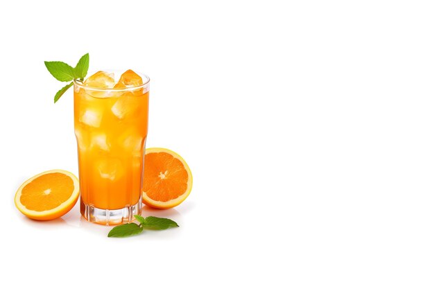 Szklanka świeżego soku pomarańczowego i plasterki pomarańczy na białym tle z miejsca na kopię