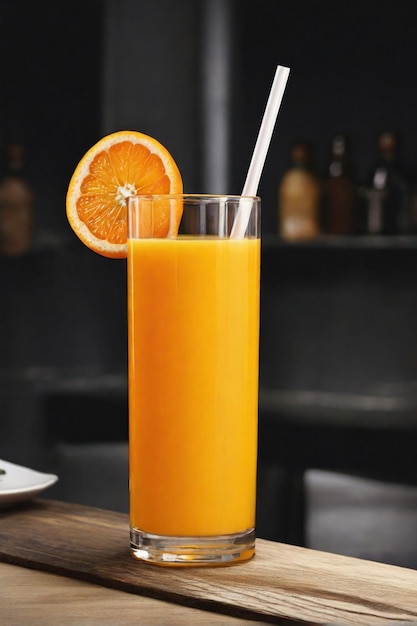 Szklanka świeżego soku pomarańczowego na ciemnym tle