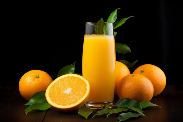 Szklanka świeżego soku pomarańczowego na drewnianej desce