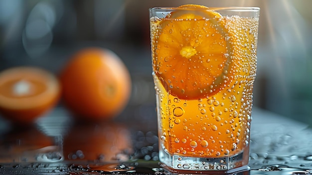 Szklanka świeżego soku pomarańczowego z świeżymi owocami w kuchni Bio sok pomarańczony