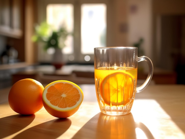 Zdjęcie szklanka świeżo wyciskanego soku pomarańczowego w kawiarni w kurorcie tropikalnym