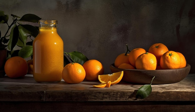 Szklanka świeżo wyciśniętego soku pomarańczowego ze świeżymi owocami