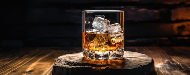 Szklanka szkockiej whisky w szklance i lód na drewnianym stole w barze