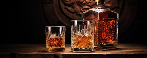 Zdjęcie szklanka szkockiej whisky w szklance i lód na drewnianym stole w barze