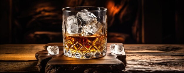Szklanka szkockiej whisky w szklance i lód na drewnianym stole w barze
