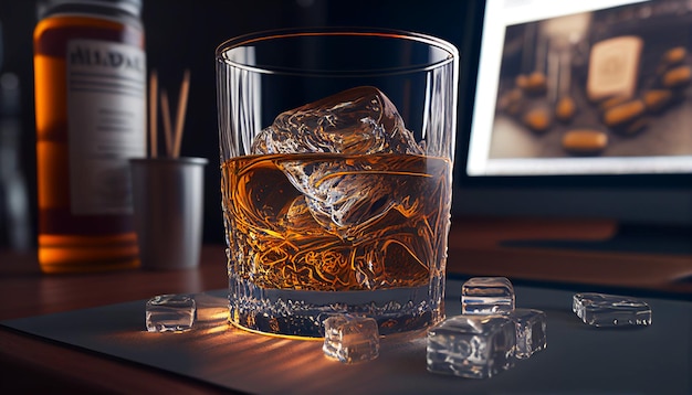 Szklanka whisky i kostki lodu stoją na stole w przytulnej atmosferze