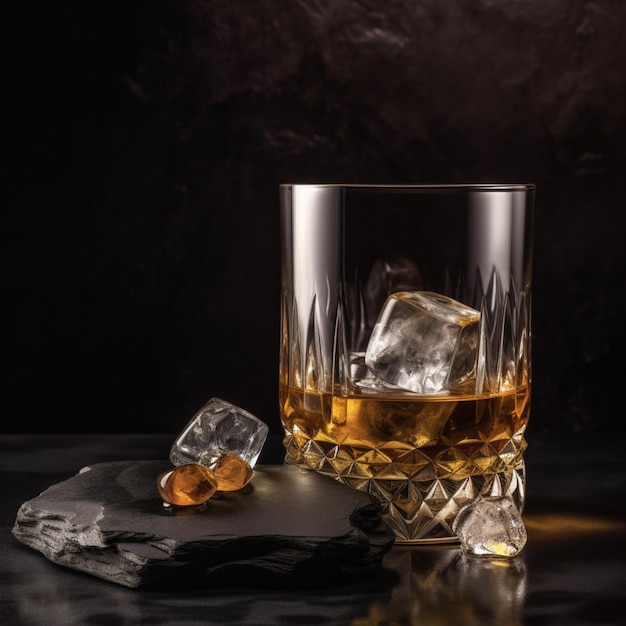 Szklanka whisky i lodu stoi na czarnej powierzchni.