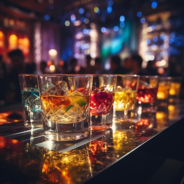Zdjęcie szklanka whisky na ciemnym stole z niewyraźnym tłem