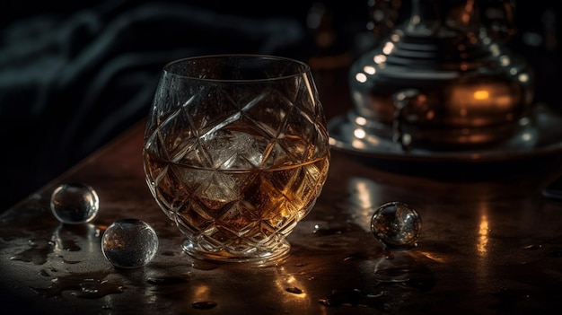 Szklanka whisky na stole z ciemnym tłem