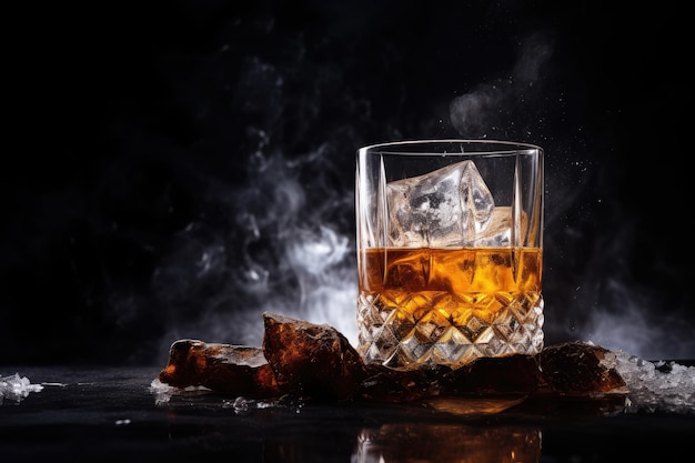 Szklanka whisky na zimnym kamieniu z mglistym tłem