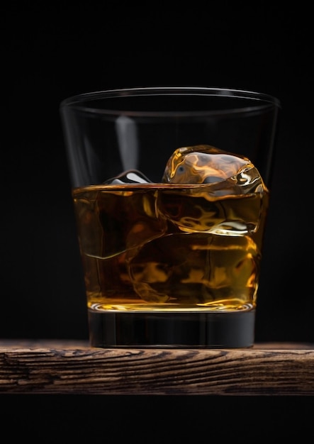 Szklanka whisky single malt z kostkami lodu na wierzchu drewnianej deski na czarnym tle