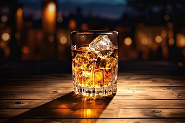 Szklanka whisky z lodem i alkoholem na ciemnym stole