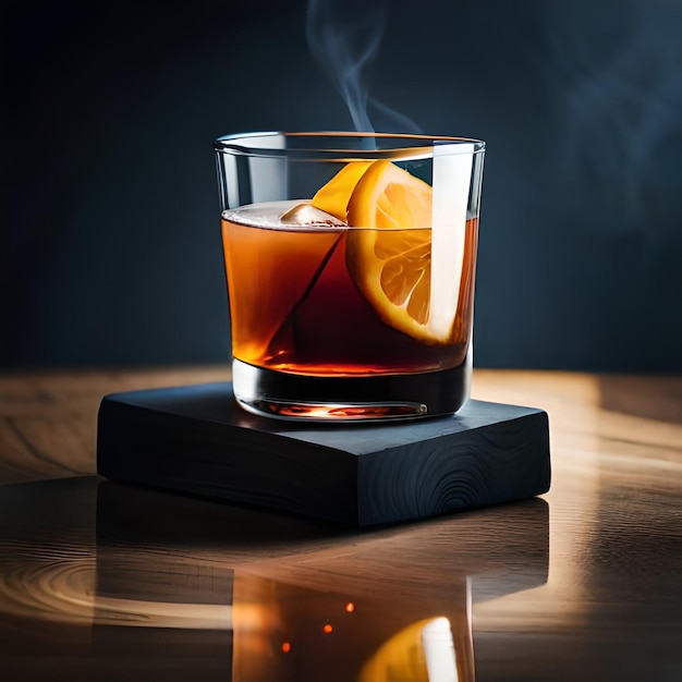 Szklanka whisky z lodem i wydobywającym się z niej dymem.