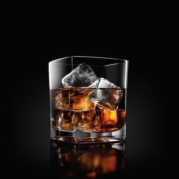 Szklanka whisky z lodem na czarnym tle.
