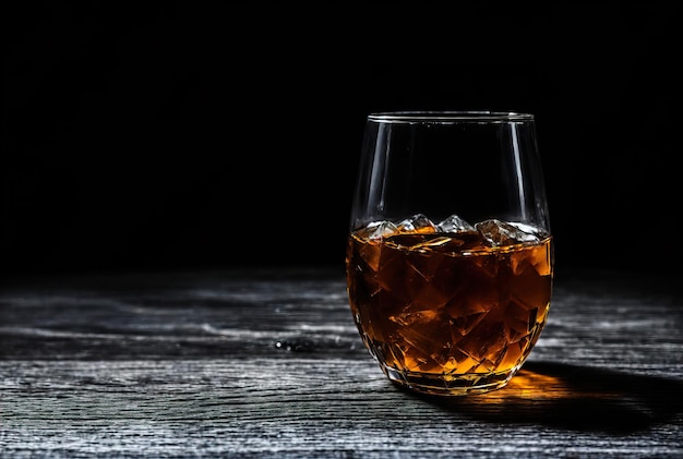 Szklanka whisky z lodem na drewnianym sztandarze stołowym Generative AI