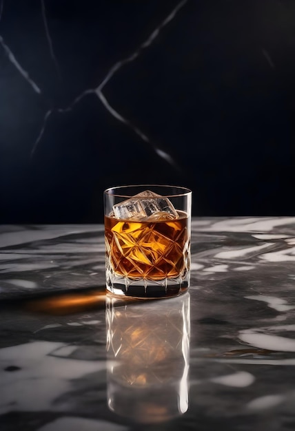 Szklanka whisky z lodem na marmurowym blacie z ciemnym, niewyraźnym tłem