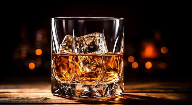 Szklanka whisky z lodem stoi na starym drewnianym stole