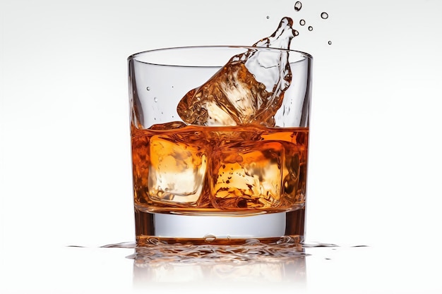 Szklanka whisky z lodem z odpryskami Białe tło Rozpryski i krople whisky lecą ze szklanki w różnych kierunkach