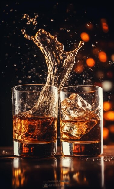 Szklanka whisky z rozpryskami podkreślonymi na kolorowym tle