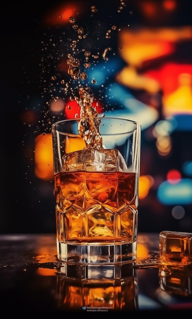Szklanka whisky z rozpryskami podkreślonymi na kolorowym tle