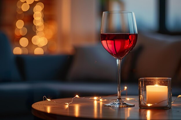 Szklanka wina na stole w domu po pracy, drinka, randka z sobą.