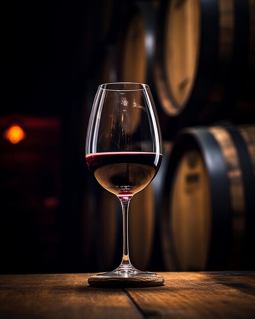 Szklanka wina obok beczki na drewnianym tle