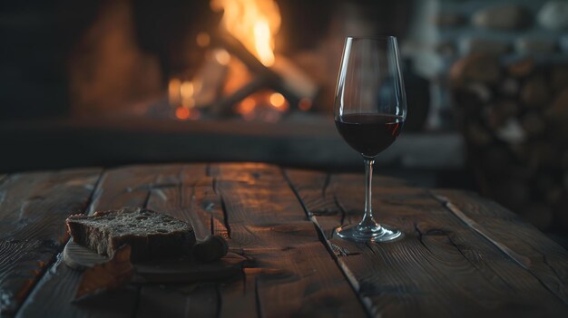 szklanka wina siedzi na drewnianym stole obok komina