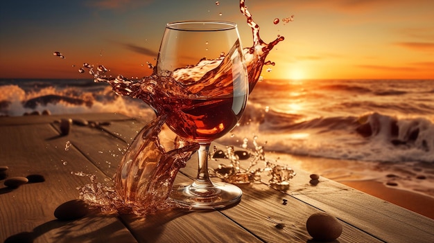 Szklanka wina w szklance na drewnianej świecy na przednim zachodzie słońca plaża i morze