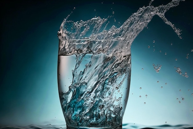 Szklanka wody jest wypełniona wodą, a słowo woda jest z boku