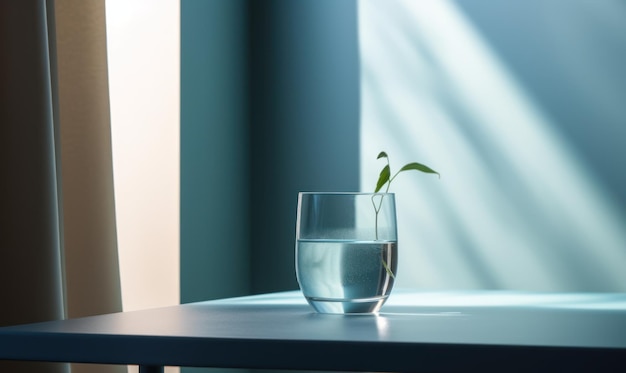 Szklanka wody stoi na stole z niebieskim stołem w tle.