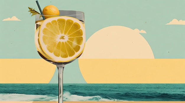 Szklanka wody z cytryną na piasku plaży Scena wakacji ze szklanką lemoniady na linii brzegowej Generacyjna sztuczna inteligencja