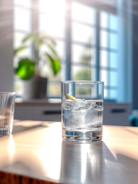 Szklanka wody z kostkami lodu i cytryną na białym stole w kuchni AI Wygenerowane