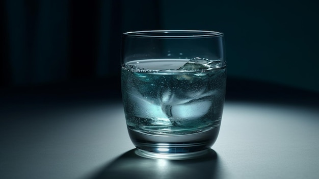 Szklanka wody z lodem na stole w ciemnym pokojugenerative ai