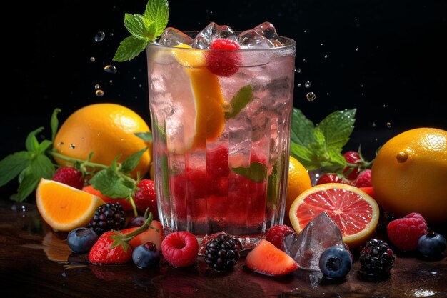 Szklanka wody z odrobiną owoców i lodu