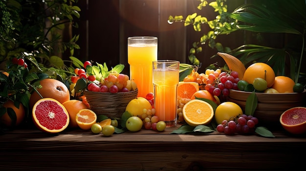 Szklanka wypełniona świeżo wyciskanym sokem pomarańczowym umieszczona pośród wyboru dojrzałych świeżych owoców na wiejskim drewnianym stole Ciepłe naturalne oświetlenie podkreśla świeżość i żywotność sceny