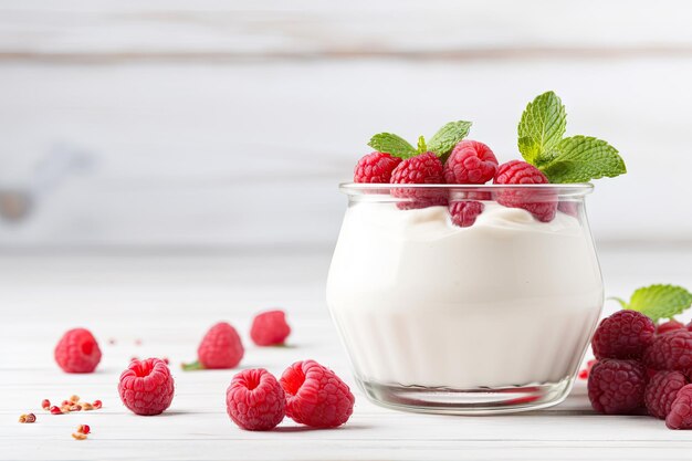 Zdjęcie szklanka z domowym jogurtem lub kwaśną śmietaną na białym drewnianym stole