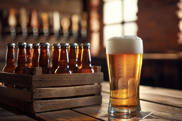 Szklanka z piwem z drewnianą skrzynką pełną butelek piwa na stole
