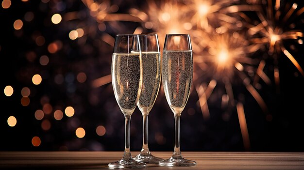szklanka z szampanem i fajerwerkami z błyszczącym fajerwerkem na czarnym tle kompozycja noworoczna z przestrzenią do kopiowania